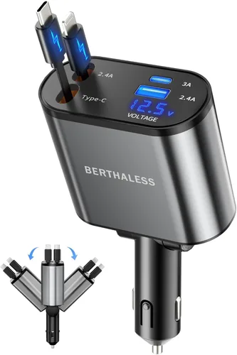 Vista 8 de BERTHALESS Cargador de coche retráctil para papá, carga rápida 4 en 1 con USB-C y USB-A, compatible con iPhone 17/16/15/14/13/12/11, Galaxy, Pixel