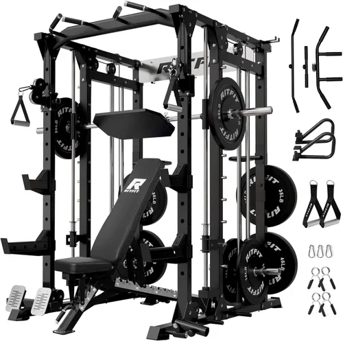 Vista 13 de RitFit Máquina Buffalo Smith, jaula eléctrica con sistema LAT-Pull Down y sistema de cruce de cables, estante de sentadillas todo en uno