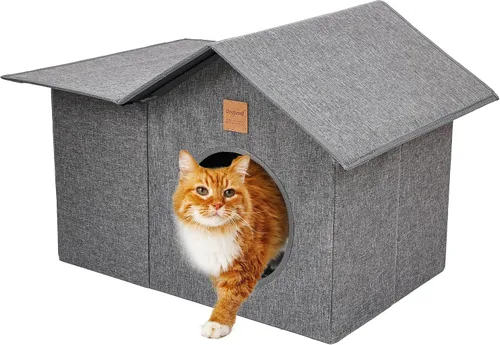 Vista 9 de Casa para gatos al aire libre, resistente a la intemperie, con dosel, refugio exterior para gatos, cubierta de techo y soporte elevado, casa