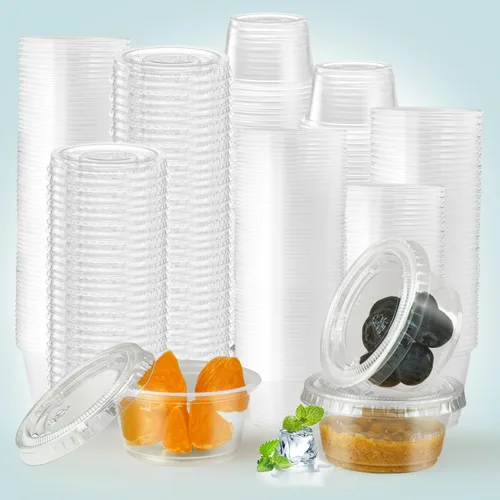Vista 14 de 240 tazas pequeñas de plástico transparente para condimentos con tapas, recipientes de porciones de 1 oz, ideales para condimentos, aderezos