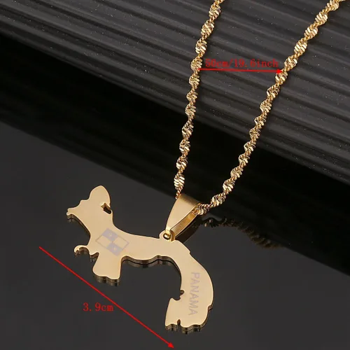 Vista 2 de Collares con colgante de mapa de Panamá de acero inoxidable, regalos de joyería de mapas panameños