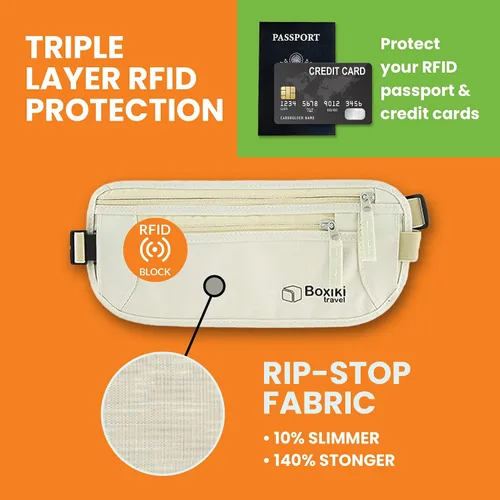 Vista 9 de Boxiki Travel - Cinturón de dinero para viajes para hombres y mujeres oculto, cinturón de dinero con bloqueo RFID y bolsa de cintura segura