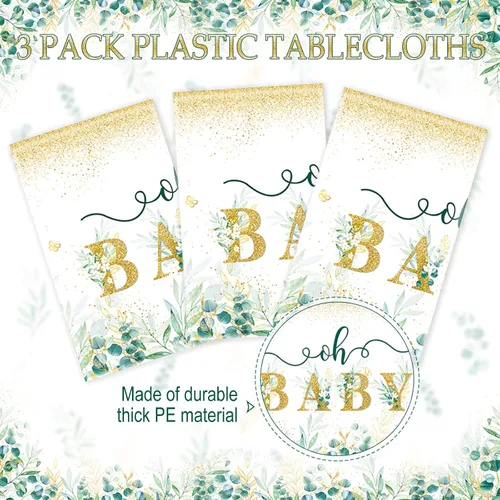 Vista 3 de Tiamon Mantel de 3 piezas de verde salvia para baby shower, 108 x 54 pulgadas, desechable, hojas de eucalipto, mantel rectangular de plástico verde