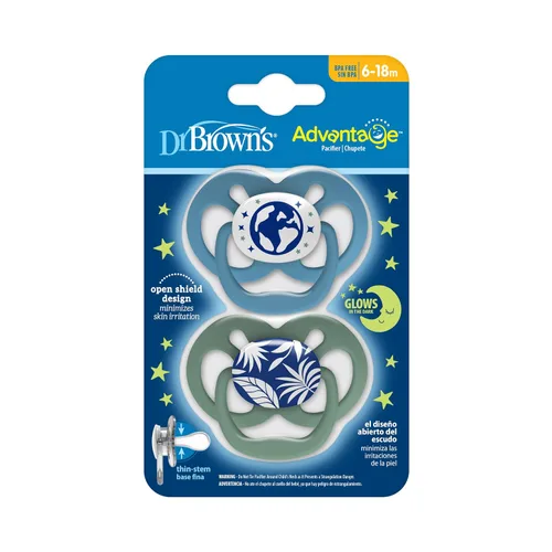Vista 9 de Dr. Brown's Advantage Glow-in-the-Dark Baby Pacifier, Fully Symmetrical Soother with Soft Silicone Bulb, Blue Nature, 6-18m, BPA Free, 2 Pack