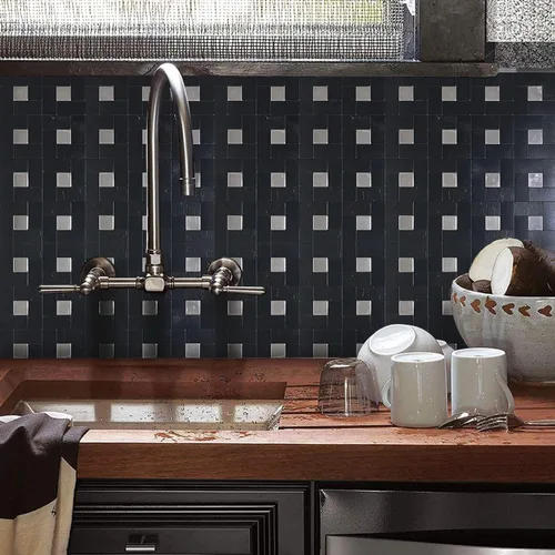 Vista 3 de Azulejo de 5 hojas para salpicaduras de despegar y pegar, adhesivo de metal autoadhesivo, azulejos de mosaico de aluminio cepillado para cocina