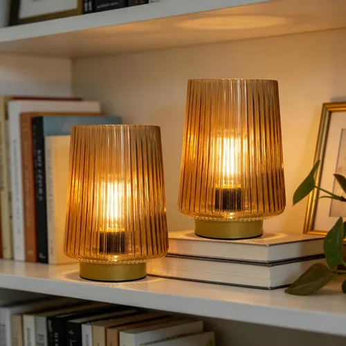 Vista 5 de Lámpara a pilas con temporizador, juego de 2 pequeñas y acogedoras lámparas de mesa decorativas de vidrio ambiental para mesita de noche y Ámbar