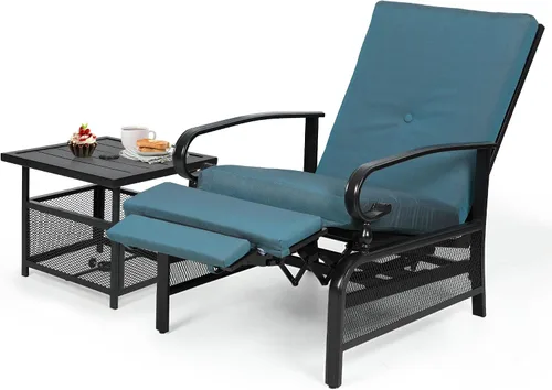 Vista 12 de Oakcloud Sillón Ajustable para Exteriores Silla Reclinable Relajante de Metal para Patio con Cojines Extraíbles (Azul Pavo Real)