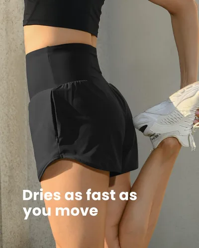 Vista 3 de GYM RAINBOW Pantalones cortos deportivos de cintura alta para mujer con bolsillos con cremallera de secado rápido pantalones cortos de entrenamiento