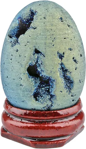 Vista 3 de TUMBEELLUWA Piedra preciosa de geoda de ágata druzy, cristal curativo de cuarzo Aura recubierto de titanio, con soporte de madera, decoración
