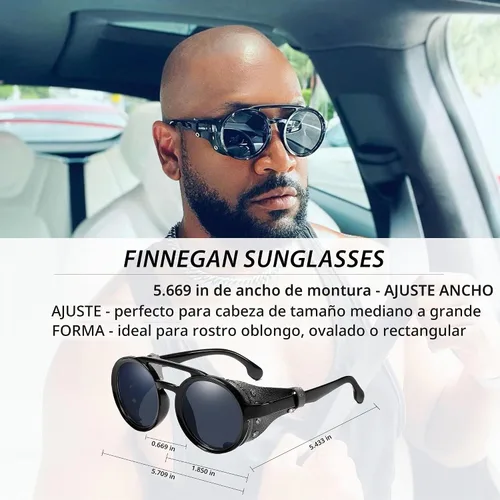 Vista 4 de Technigadgets Finnegan Steampunk - Lentes de sol retro para hombre y mujer, con escudo lateral de cuero, doble puente de plástico, marco de Negro