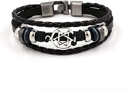 Vista 2 de Pulsera de piel trenzada para mujer, diseño de estrella de David, color negro