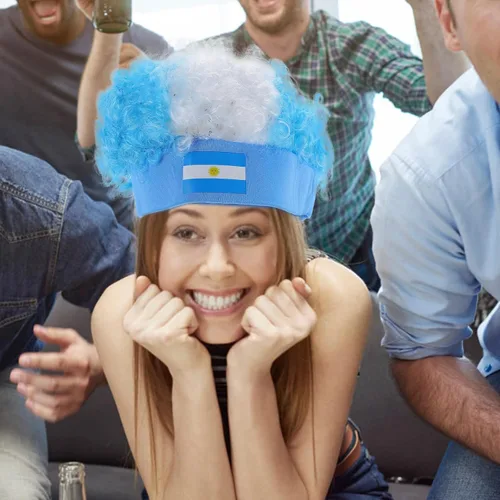 Vista 5 de Peluca con diadema para fanáticos de fútbol, recuerdos de fiesta de fútbol con bandera argentina, tocado de pelo falso interesante
