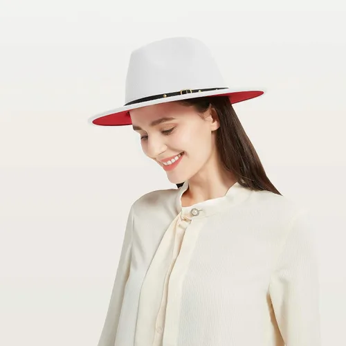 Vista 6 de jingsha Sombreros Fedora para hombres y mujeres de ala ancha Fedora de fieltro de Panamá, sombreros de vestir para hombre con hebilla de cinturón