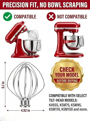Vista 4 de Accesorio de batidor de 6 alambres compatible con batidora de pie KitchenAid de cabezal inclinable, reemplaza K45WW, acero inoxidable, batidor