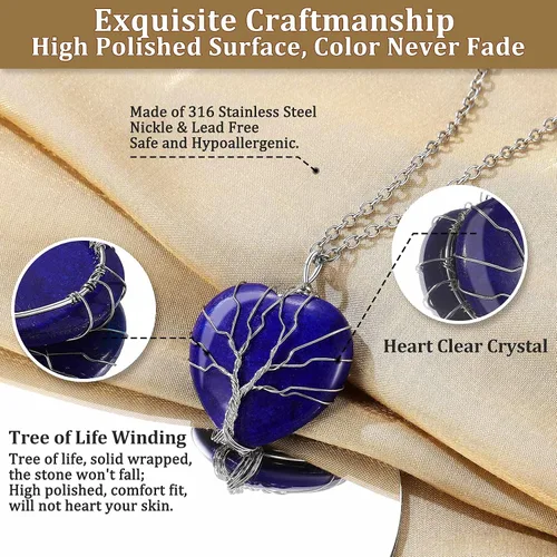 Vista 5 de Bestyle Collar de cristal curativo envuelto en árbol de la vida, colgante de piedra natal de 12 meses para parrillas de mujer, joyería de piedras