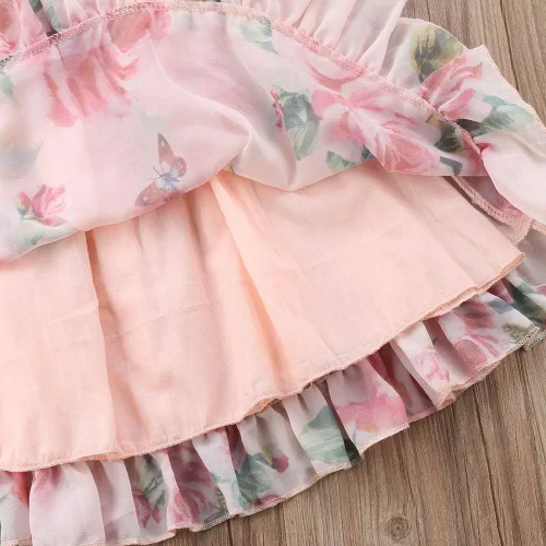 Vista 6 de Vestido de princesa con volantes y estampado de flores para niñas pequeñas