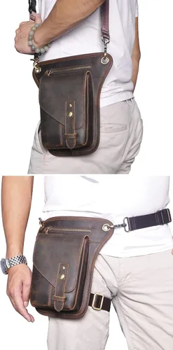 Vista 7 de Le'aokuu Riñonera táctica de piel auténtica para hombre, con cintura para pierna caída, muslo, cruzada, 211-6, Marrón