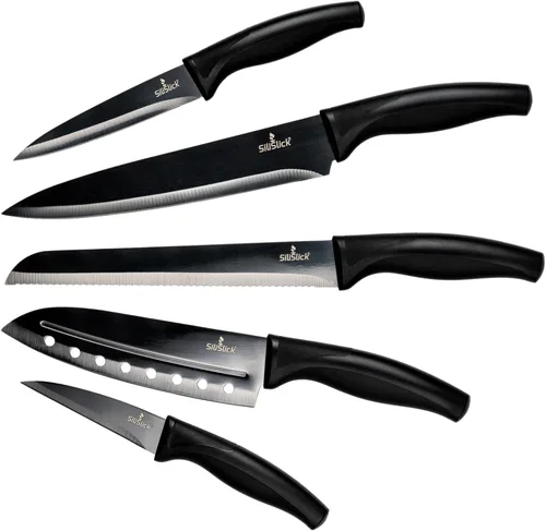 Vista 11 de SiliSlick Rainbow - Juego de cuchillos de cocina afilados de acero inoxidable con revestimiento de titanio, chef, pan, Santoku, pelar y utilidad