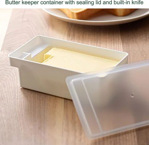 Vista 4 de Mantequillera con tapa, recipiente para mantequilla con cuchillo, platos de mantequilla de sellado de plástico para refrigerador