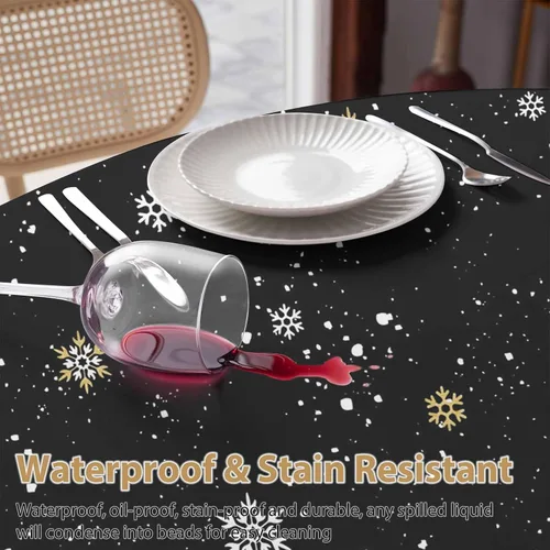 Vista 3 de Mantel redondo negro de Navidad, impermeable y resistente a las manchas, mantel lavable sin arrugas para comedor, fiesta, boda, muñeco de nieve