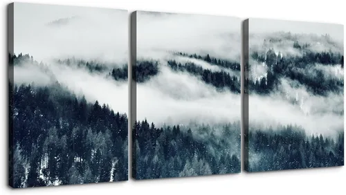 Vista 9 de YONICA Lienzo decorativo de 3 paneles para decoración de oficina en casa, hermoso paisaje con árboles nevados, impresiones en lienzo HD Giclée