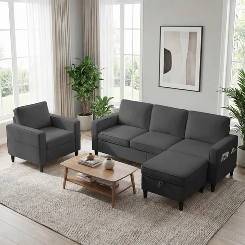 Vista 13 de PUREMIND Juego de sofá de 2 piezas para sala de estar, moderno sofá en forma de L y sofá biplaza con otomana de almacenamiento y bolsillo lateral