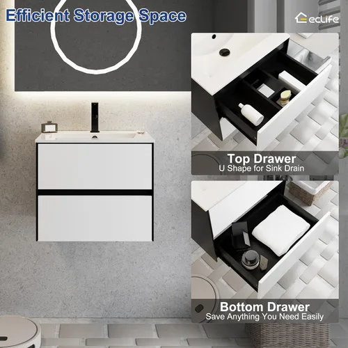 Vista 4 de eclife Armario de tocador de baño de 24 pulgadas con fregadero blanco empotrado, armario de baño flotante montado en la pared con colores mezclados