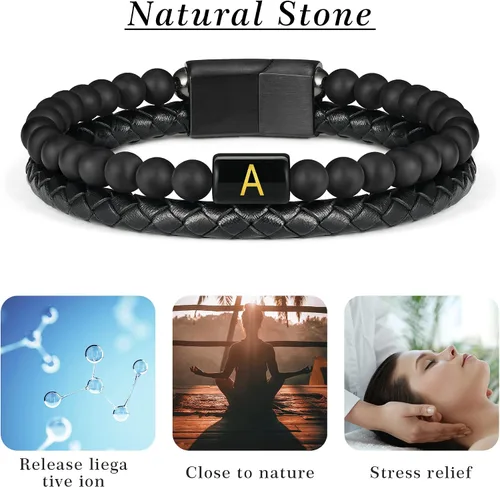 Vista 7 de Layered Leather Beads Initial Bracelets for Men, Braided Leather Natural Stone Bracelets for Men with Magnetic Clasp Mens Leather Beaded Bracelets