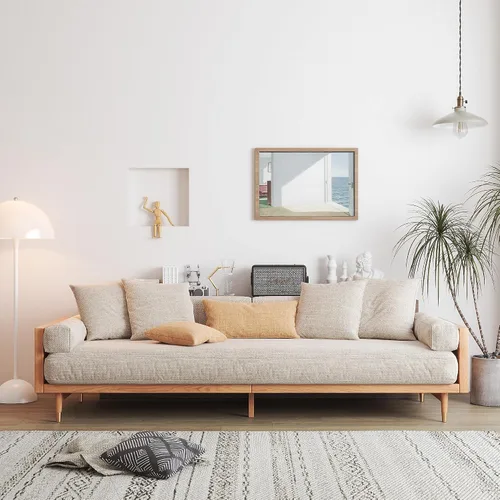 Vista 4 de JASIWAY Sofá moderno de 3 plazas, sofá tapizado de tela de lino, sofá de estilo chino con marco de madera maciza, sofá grande para sala de estar