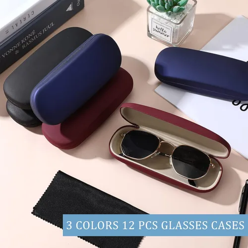 Vista 4 de Leumoi Paquete de 12 fundas rígidas para lentes con tela para gafas, funda protectora para gafas para mujeres y hombres, Negro, rojo, azul