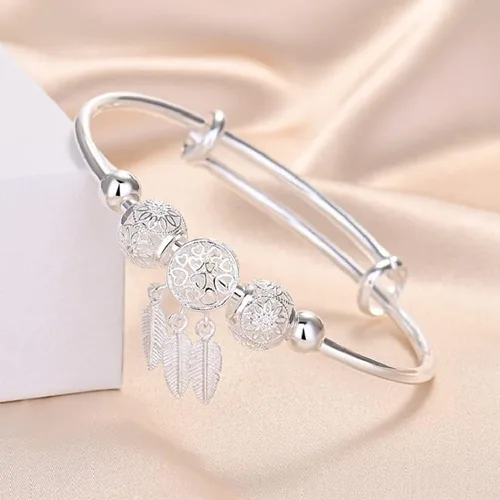 Vista 4 de Harlorki Pulsera ajustable para mujer con colgante de hoja de bola de la suerte 925 chapada en plata