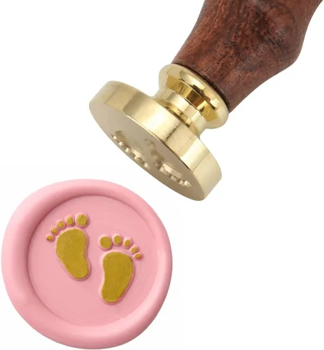 Vista 2 de Yoption Baby Footprints - Sello de cera Cabeza de sello de cera de latón con mango de madera, para invitación de baby shower, envoltura de regalo