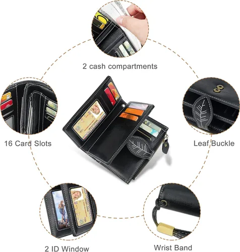 Vista 6 de CONISY Cartera pequeña para mujer, billetera compacta de cuero plegable con pulsera RFID bloqueo para mujer (negro)