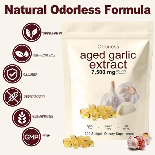 Vista 2 de Extracto de ajo envejecido, 300 unidades, 7500 mg de ajo orgánico inodoro, suplemento para apoyo cardíaco e inmunológico, vegetariano, sin OMG