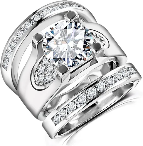 Vista 3 de Juego de 3 piezas de anillos de boda de compromiso de circonita cúbica de corte redondo de 5.56 quilates para mujer