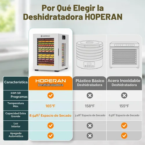 Vista 7 de HOPERAN 14-Tray Food Dehydrator with 10 Presets, Stainless Steel, 840W Silver-14 Trays