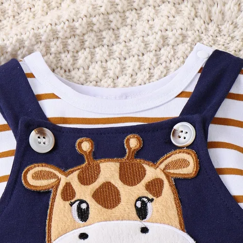 Vista 4 de Conjunto de ropa de bebé para recién nacido, para otoño e invierno, a rayas, mameluco de dibujos animados, conjunto de pantalones con tirantes