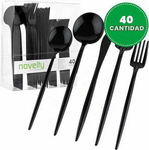Vista 2 de Juego de cubiertos modernos de plástico PLASTICPRO (negro, 40 piezas)