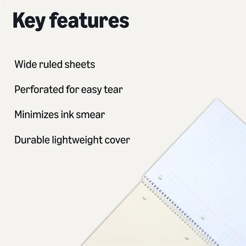 Vista 2 de Amazon Basics Cuadernos de espiral con rayas anchas, 70 hojas, 7-1/2 x 10-1/2 pulgadas, perforados, varios colores sólidos primarios, paquete de 3
