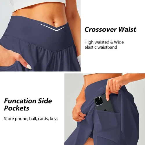 Vista 3 de DLOODA Falda de tenis para mujer con bolsillos, pantalones cortos cruzados de cintura alta, faldas atléticas para golf, correr, entrenamiento