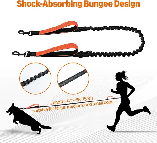 Vista 4 de Amazon Basics Correa para perro manos libres con bolsa para correr, cinturón ajustable, asas acolchadas dobles, correa elástica reflectante