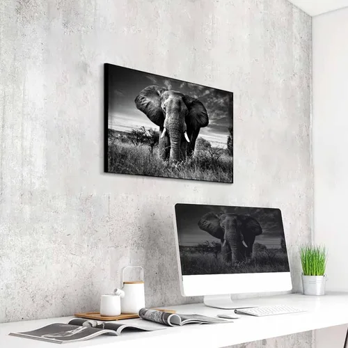 Vista 3 de Arte de pared blanco y negro de elefante – Pintura rústica en lienzo – Imagen de animales africanos – Obra de arte natural para decoración de baño