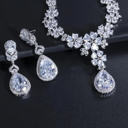 Vista 3 de SLFDXDP Joyería para mujer, joyería de boda, fiesta, disfraz de gota, flor de novia, conjuntos de collares para novias (color metal chapado en plata)