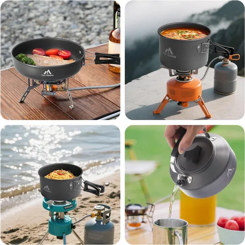 Vista 6 de THTYBROS 27pcs Camping Cooking Set for 2-4 People, Portable Cookware Set with Kettle, Pots & Pans, Stainless Steel Utensils, Plates, Dishware for
