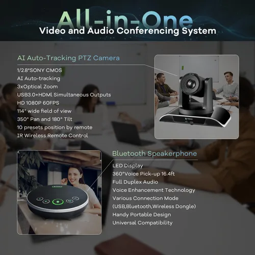 Vista 2 de TONGVEO Sistema de cámara de video para sala de conferencias todo en uno HD1080P 60fps Zoom óptico 3X USB3.0 HDMI Cámara PTZ con seguimiento
