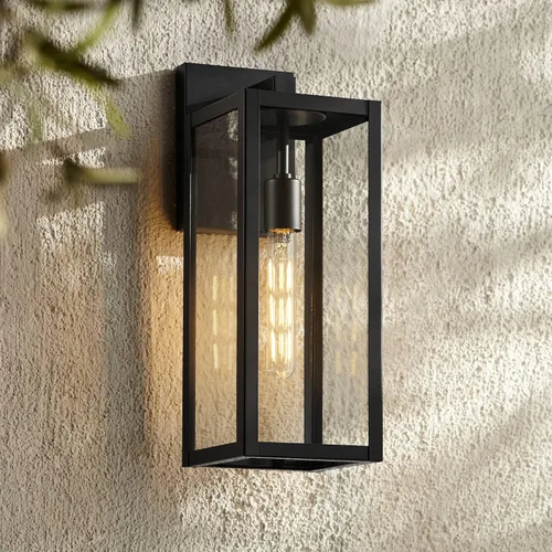 Vista 9 de John Timberland Titan - Juego de 2 lámparas de pared modernas para exteriores, marco rectangular negro místico, paneles de vidrio transparente de 17