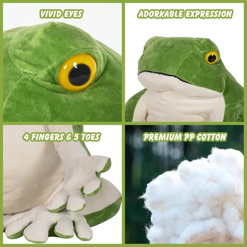 Vista 4 de BRINJOY Rana gigante de peluche, rana verde de felpa grande de 28 pulgadas con imán, calcomanías de Navidad, rana realista de peluche grande