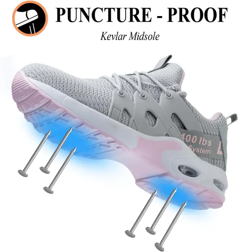 Vista 3 de LANSNBO Zapatos de punta de acero para mujer, zapatos de trabajo de seguridad indestructibles, con amortiguación de aire, ligeros, transpirables