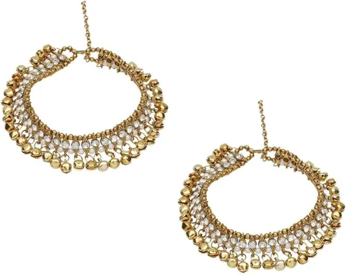 Vista 5 de Efulgenz Indian Bollywood Faux Kundan Pearl Wedding Bridal Anklet Pair with Bells Bracelet Payal Foot Jewelry