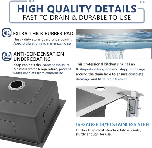 Vista 5 de Herogo 25×22 Inch Kitchen Sink, Stainless Steel Drop In Single Bowl 10'' Deep Kitchen Sink with Accessories, for Rv Bar Farmhouse